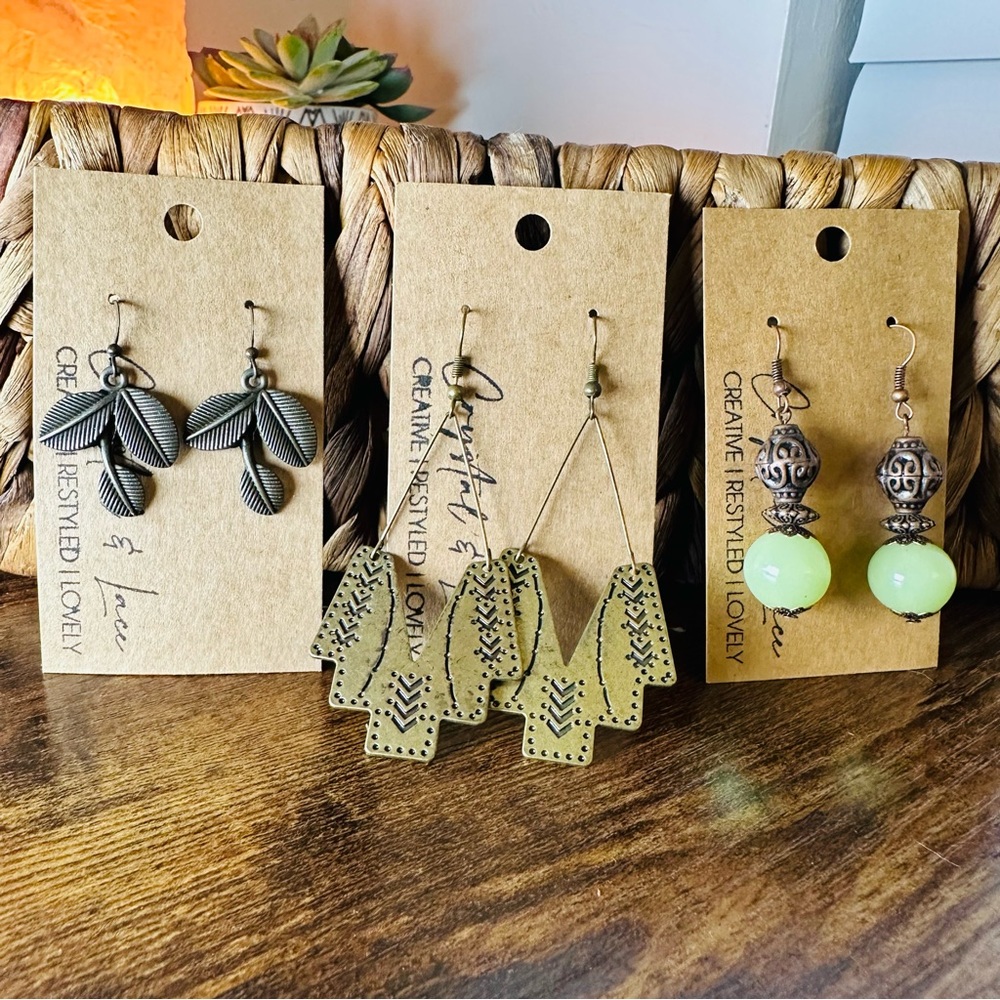 Leaf and Geometric Earrings Set